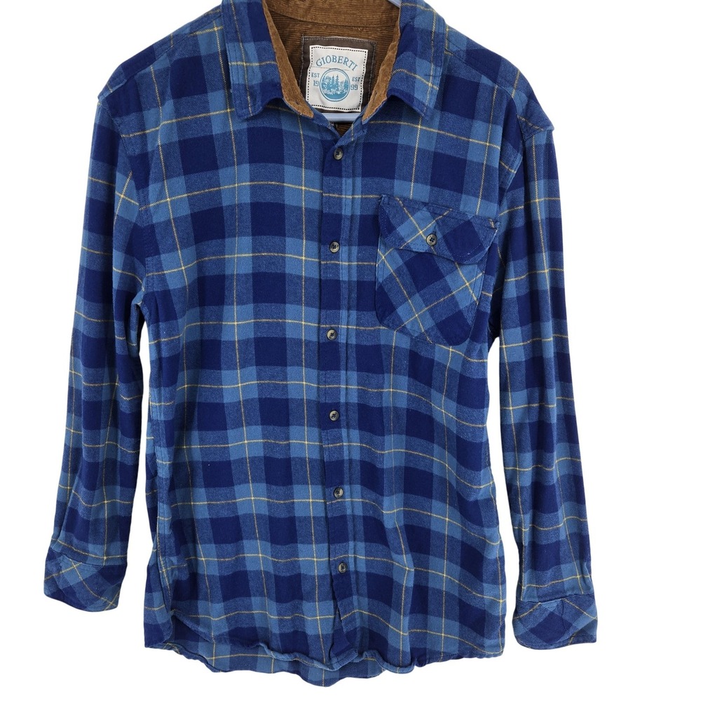 Gioberti‎ Shirt Mens Small Blue Plaid Flannel Button Down Corduroy Collar Casual